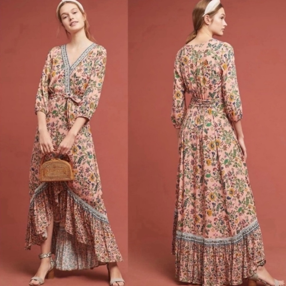 Anthropologie Farm Rio Maxi Wrap Dress mixed floral Size L